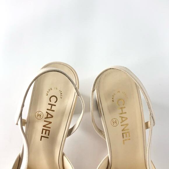 Chanel Interlocking CC Beige Glazed Calfskin Cap Toe Slingback Heeled Pumps 39 - Picture 3 of 14